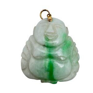 Laughing Buddha Jade Pendant With 14K Gold Bail